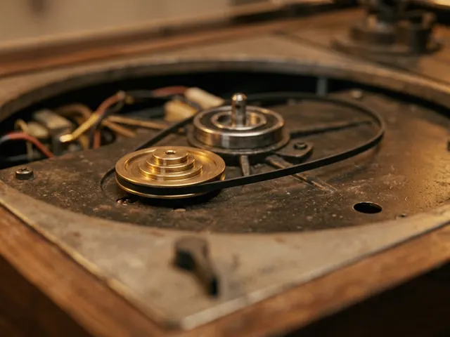 Brass motor pulley and rubber drive belt inside a turntable