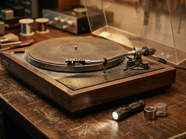 Used turntable on a workbench with a flashlight and loupe