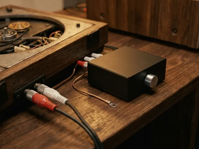 A small black phono preamp connected with RCA cables