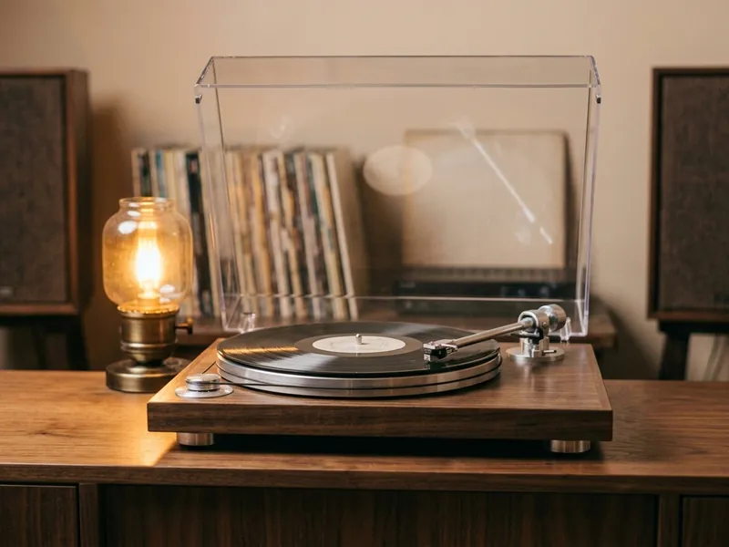 A walnut hi-fi turntable between two bookshelf speakers